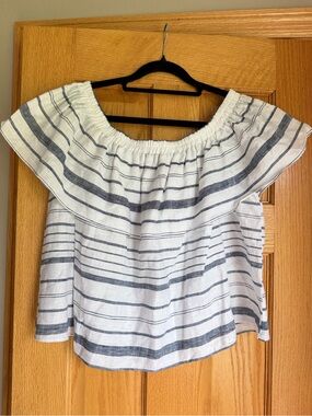 Tart 100% Linen Off Shoulder Ruffle Striped Blouse Top Medium M Blue/Gray White